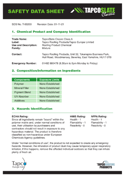 TapcoSlate Safety Data Sheet