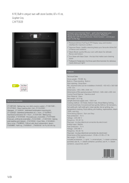 Compact 45cm Steam Ovens Graphite grey trim C24FT53G0B, Datasheet