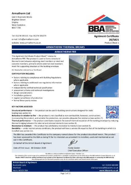 Armatherm FRR British Board of Agrément (BBA) Certificate