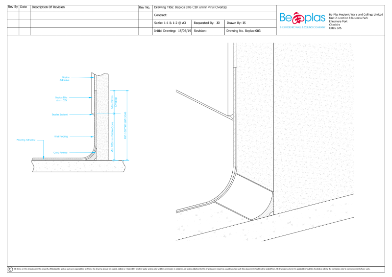 Beplas Elite CE-K Wall Cladding with vinyl floor overlap detail drawing