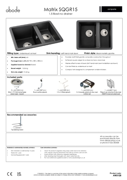 AW3128 (Black Metallic Granite. 1.5 Bowl, No Drainer) - Consumer Specification