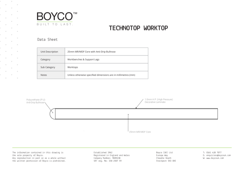 TECHNOTOP WORKTOP DATA SHEET