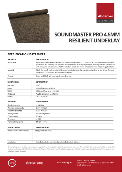 Whiteriver 4.5mm Soundmaster Pro Cork Rubber Underlay Data Sheet