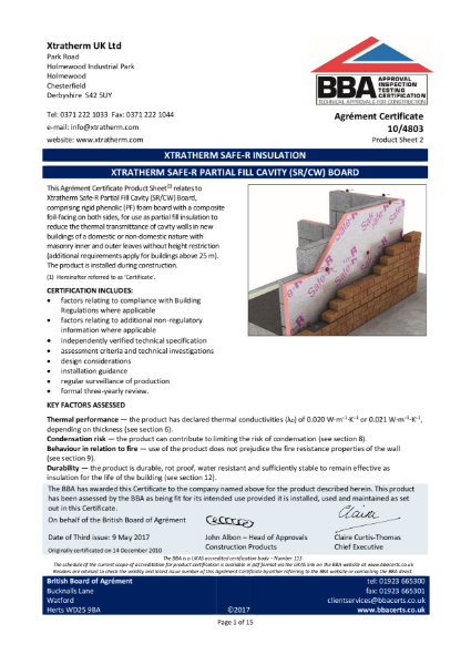 10/4803 Xtratherm Safe-R Partial Fill Cavity (SR/CW) Board (Product Sheet 2)