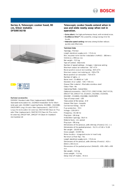 Series 4, Telescopic cooker hood, 90
cm, Silver metallic
DFS097A51B