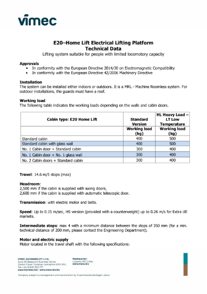 E20 Home Lift Electrical Lifting Platform - Technical Data
