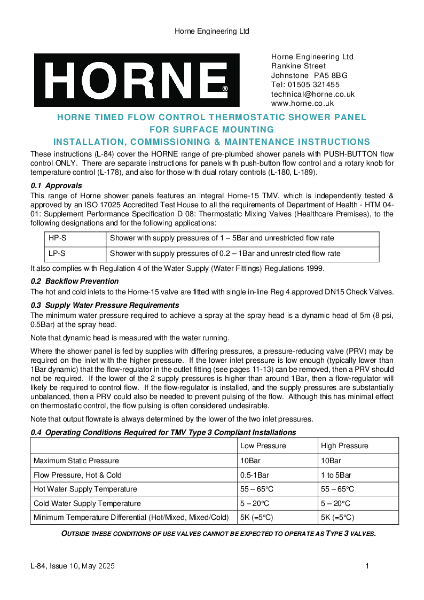 Instructions - Horne H15-TFC  Thermostatic T4/T9 Shower Panels