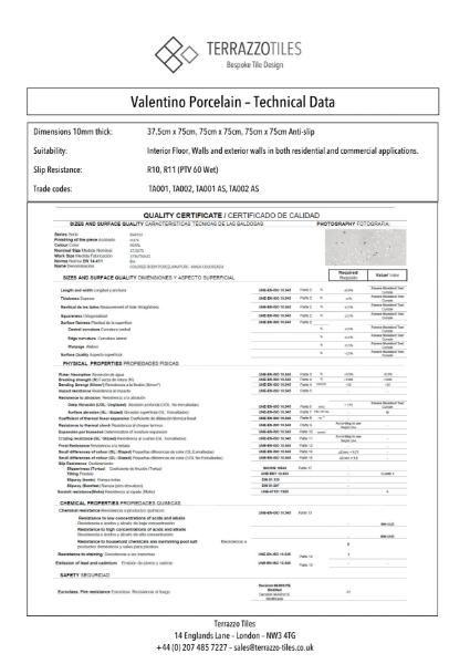 Valentino Porcelain - Technical Data