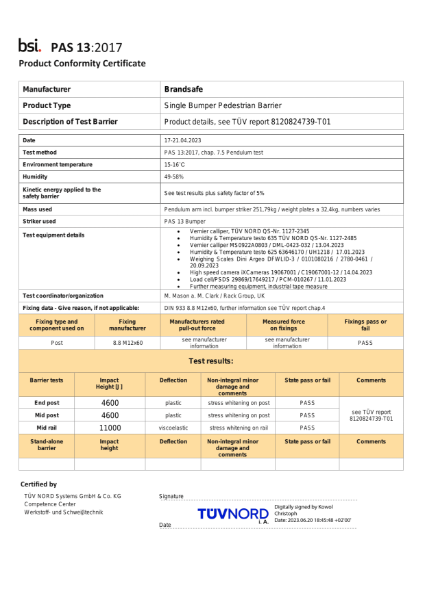 Pedestrian Barrier (Single Bumper) - PAS 13 Compliance Certificate - TÜV NORD