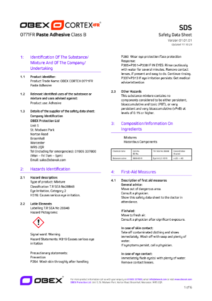 OBEX CORTEX 0771FR Paste Adhesive Class B - SDS