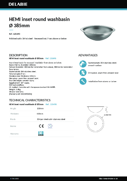 HEMI basin Ø 385mm 120490 data sheet