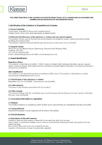 KlasseROCK® Rainscreen Insulation - MSDS