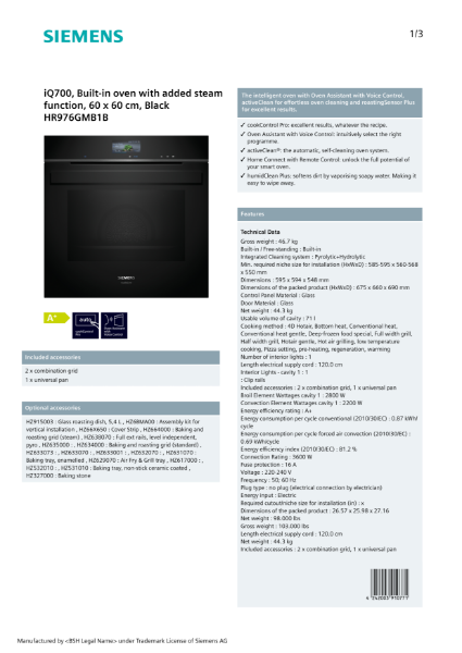 iQ700, Built-in oven with added steam function, 60 x 60 cm, Black HR976GMB1B