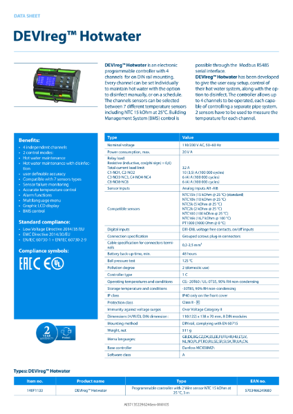 DEVIreg hotwater data sheet