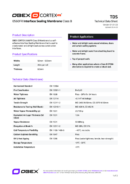 OBEX CORTEX 0560FR Class B Self-Adhesive ISM - TDS