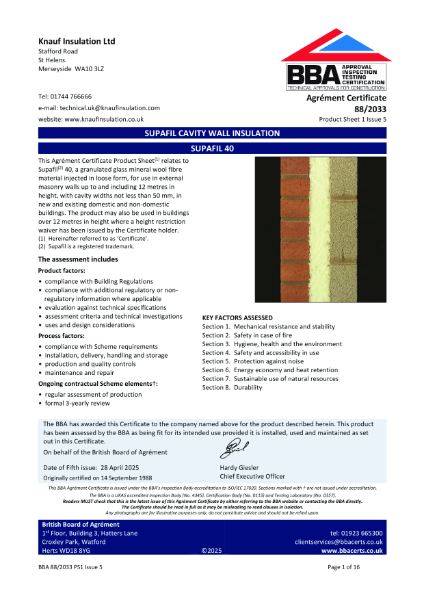 Knauf Insulation Supafil® 40 - BBA Certificate 88/2033