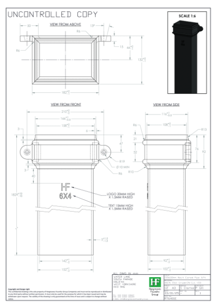 150x100mm Eared Rectangular Rainwater Pipe Drawing