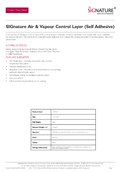 SIGnature Air & Vapour Control Layer (Self Adhesive) Product Data Sheet