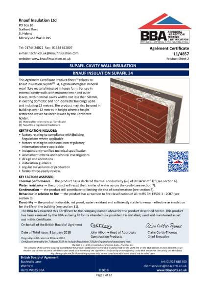 Supafil 34 Cavity Wall Insulation (Retrofit Cavities Over 50mm) - BBA Certificate - 11/4857