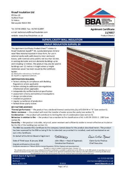 Knauf Insulation Supafil® 34 - BBA Certificate 11/4857 (Cavities Over 50mm)