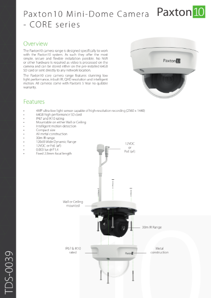 Paxton10 Mini Dome Camera , CORE series - data sheet