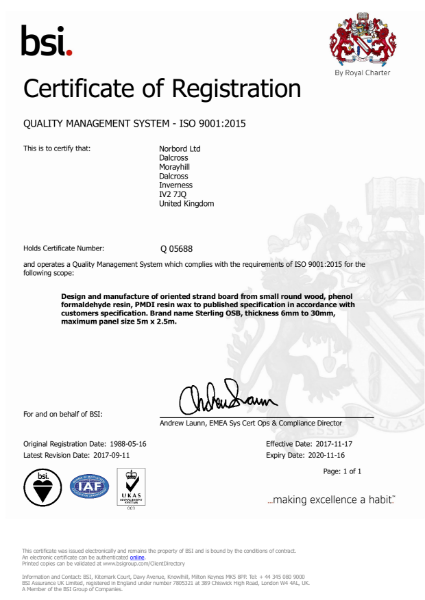 Inverness ISO 9001:2015 QMS Certificate SterlingOSB