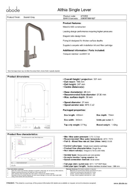 AT2208. Althia, Single Lever. Scandi Grey. Specification Sheet.