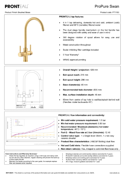 PT1153 PRONTEAU™ Propure 4 in 1 Tap (Brushed Brass) - Consumer Specification