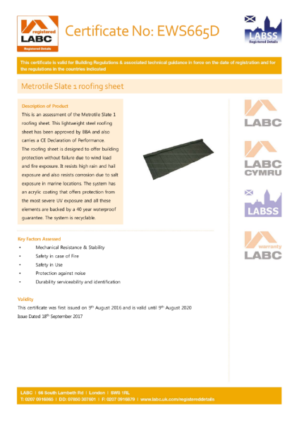 LABC Metrotile Slate 1 Roofing Sheet Certificate
