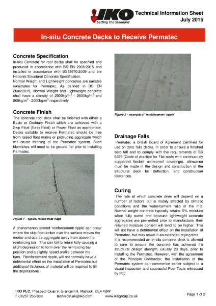 IKO Permatec Hot Melt In-situ Concrete Decks to Receive Technical Data Sheet