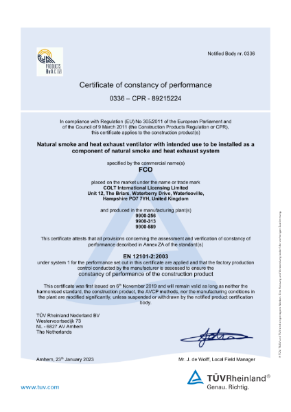 Certificate of constancy of performance