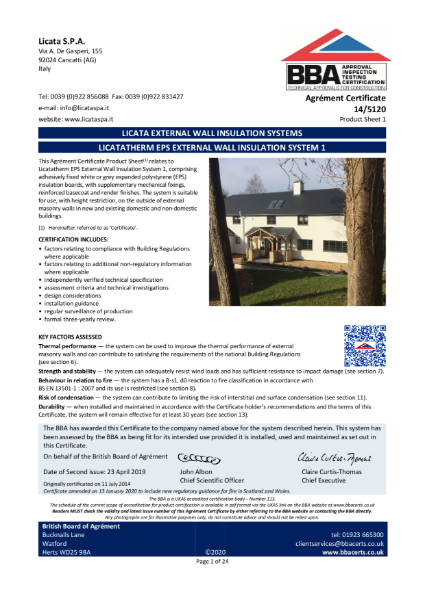 BBA Certification - LICATATHERM EPS EXTERNAL WALL INSULATION SYSTEM 1