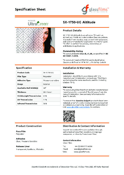 SX-1750-UG Altitude Window Film - Product Data Sheet
