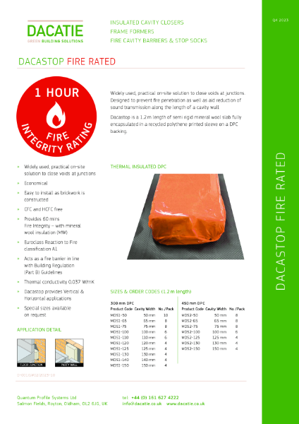 Dacatie - Fire Stop DPC 1 hour fire Integrity Dacastop - 40 to 165mm Cavities -  Datasheet