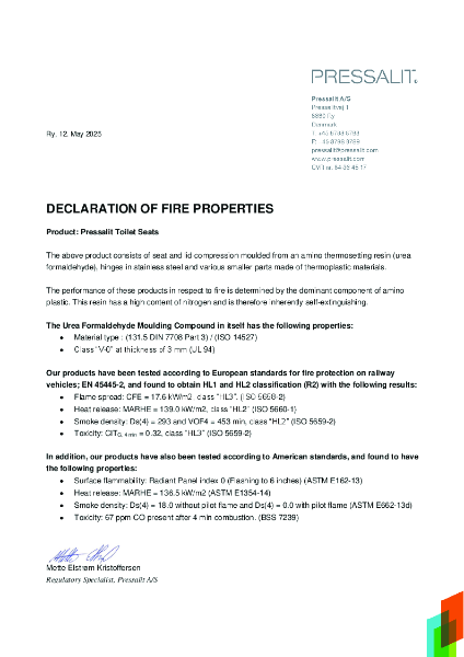 Fire safety certificate for toilet seats