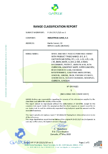 Reaction to Fire Test Report - Junoteras