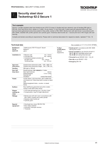 Security Steel Door LPS 1175 Issue 8 A1 (SR1) 62-2 Secure 1 (Technical Data)