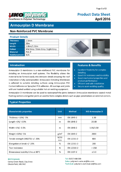 IKO Armourplan D PVC Single Ply Flat Roof Membrane datasheet