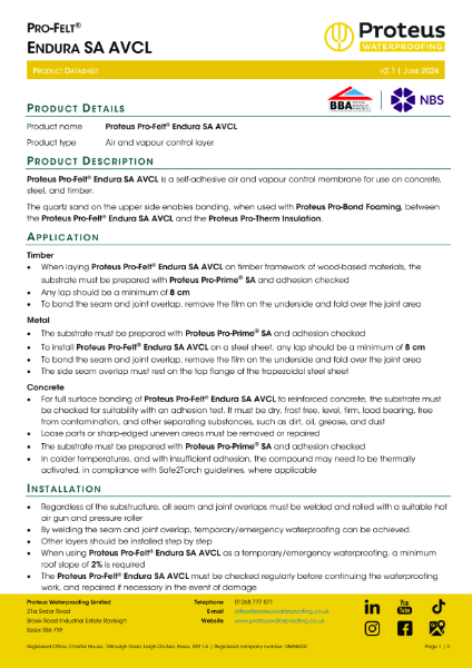 Product Data Sheet - Proteus Pro-Felt® Endura SA AVCL