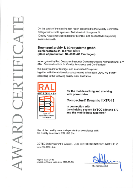 RAL certificate - Compactus® Dynamic II XTR15