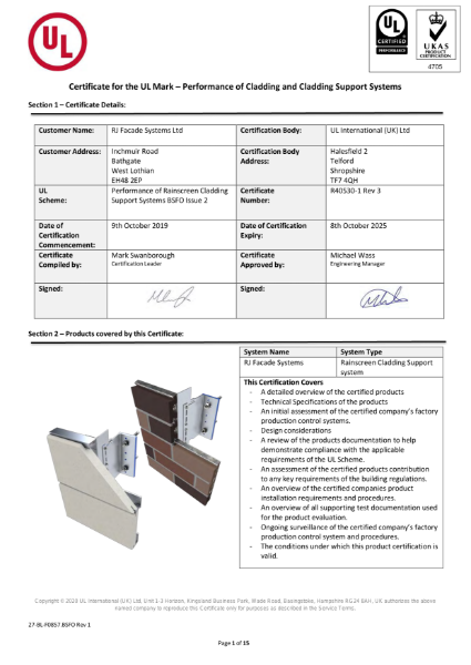 Certificate for the UL Mark – Performance of Cladding and Cladding Support Systems EVT 11
