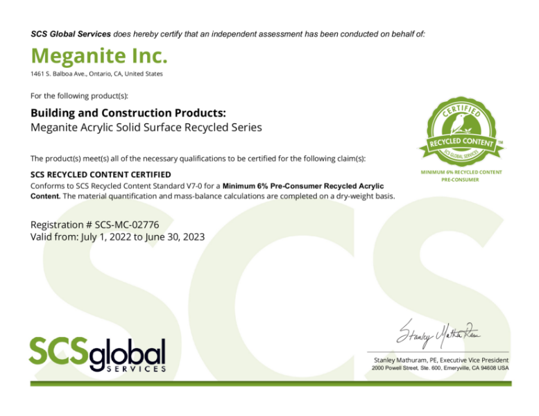 Certificate - Meganite Recycle Content (SCS)