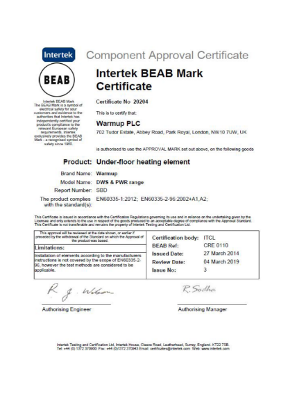 Intertek BEAB Mark Certificate (Underfloor heating element)