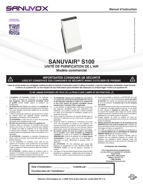 Manuel d'instructions Sanuvair S100 (FR)