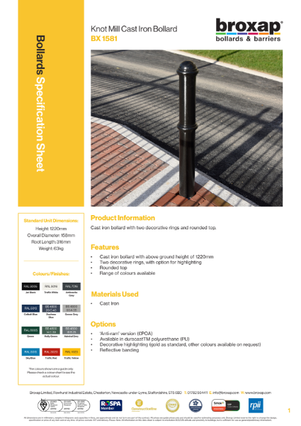 Knot Mill Cast Iron Bollard Specification Sheet