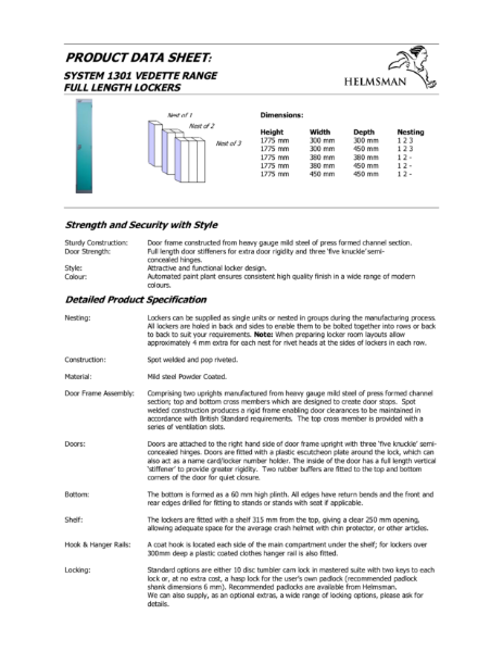 Product Data Sheet - 1 Compartment