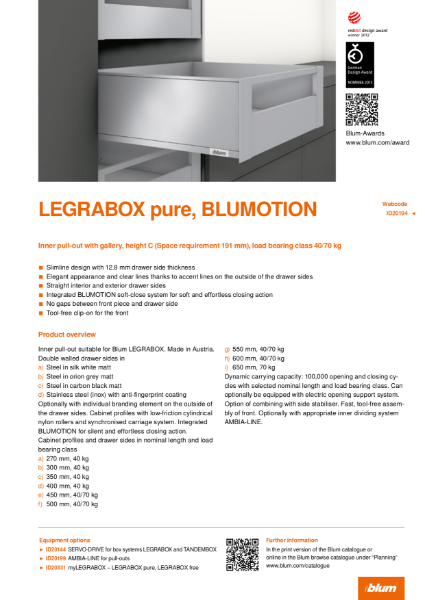 LEGRABOX pure BLUMOTION C Height Pull-out with Gallery Specification Text