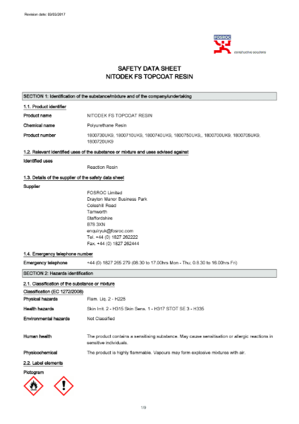 Nitodek FS Topcoat Resin Safety Datasheet