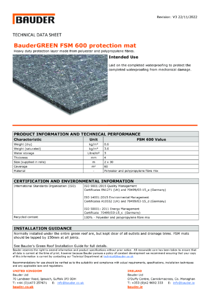 BauderGREEN FSM 600 protection mat - Technical data sheet