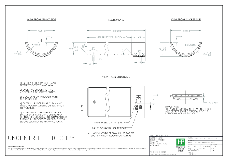 100mm Half Round Gutter Drawing